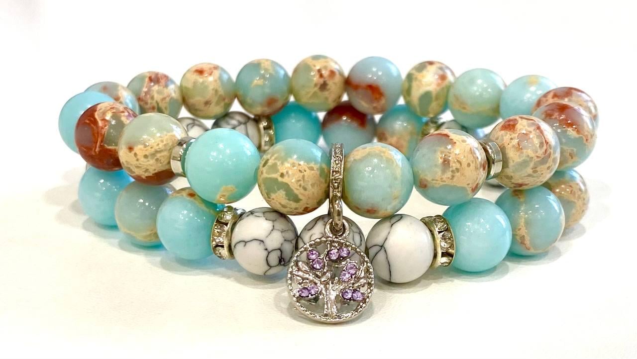 Браслет LITAURS из натурального камня варисцит d 10 мм и металлическими вставками 2 шт. L 18-21 см (250407-1)