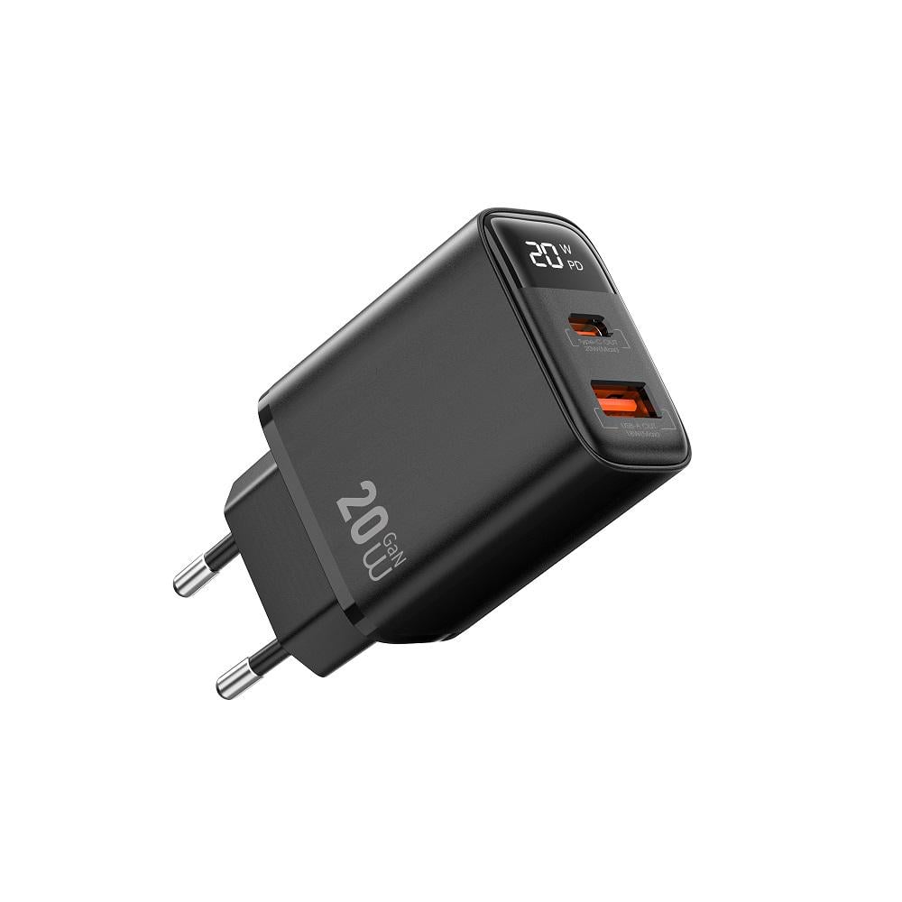 Зарядное устройство WIWU Wi-G009 Firefly GaN Fast Charger 1xUSB 1xType-C With Digital Display 20W EU Black (6977703654035)