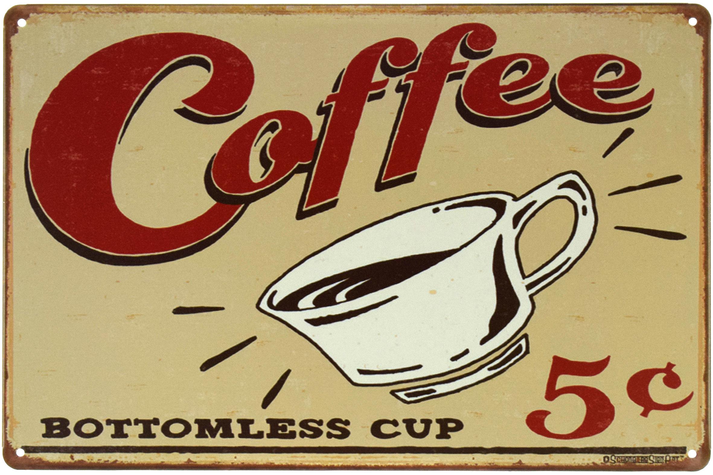 Табличка металлическая Бездонная Чашка Кофе/Coffee Bottomless Cup 20x30 см