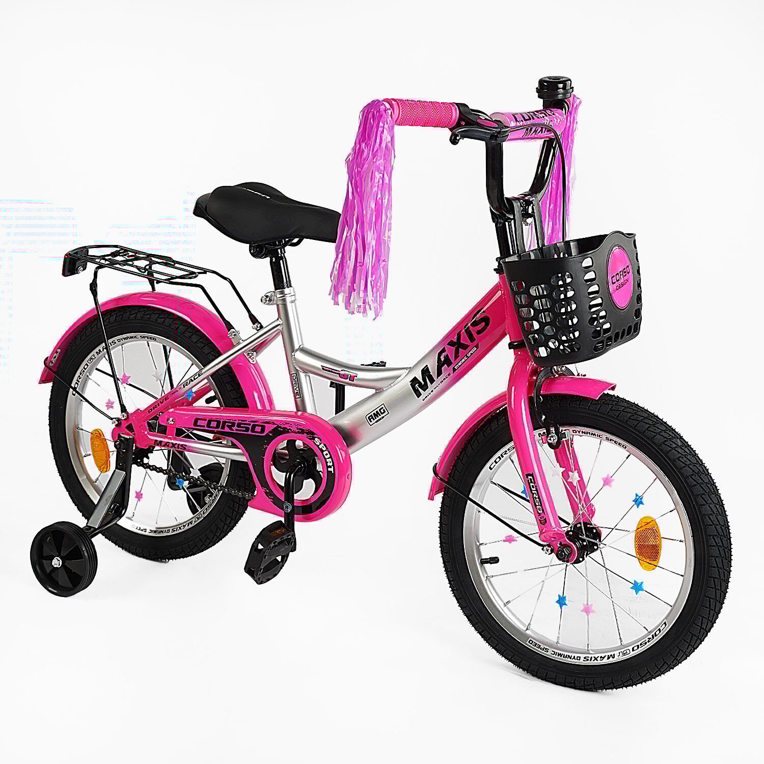 Велосипед двухколесный Corso MAXIS 16" для девочки с корзиной и багажником Бело-розовый - фото 1 Велосипед двухколесный Corso MAXIS 16" для девочки с корзиной и багажником Бело-розовый - фото 1