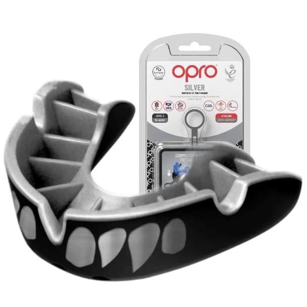 Капа доросла Opro Silver Jaws років антибактеріальна Чорний/Сріблястий (Silver Jaws)