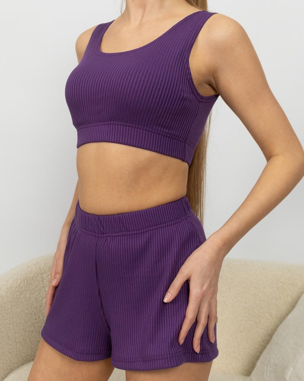 Піжама жіноча з рубчику топ і шорти Темно-бузковий - фото 4 Піжама жіноча з рубчику топ і шорти Темно-бузковий - фото 4
