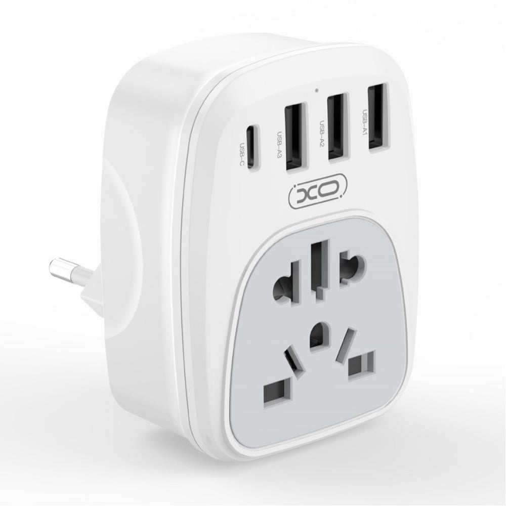 Сетевой переходник с американской вилки на розетку Xо EU/US/UK 3USB/1Type-C Белый (WL26 )