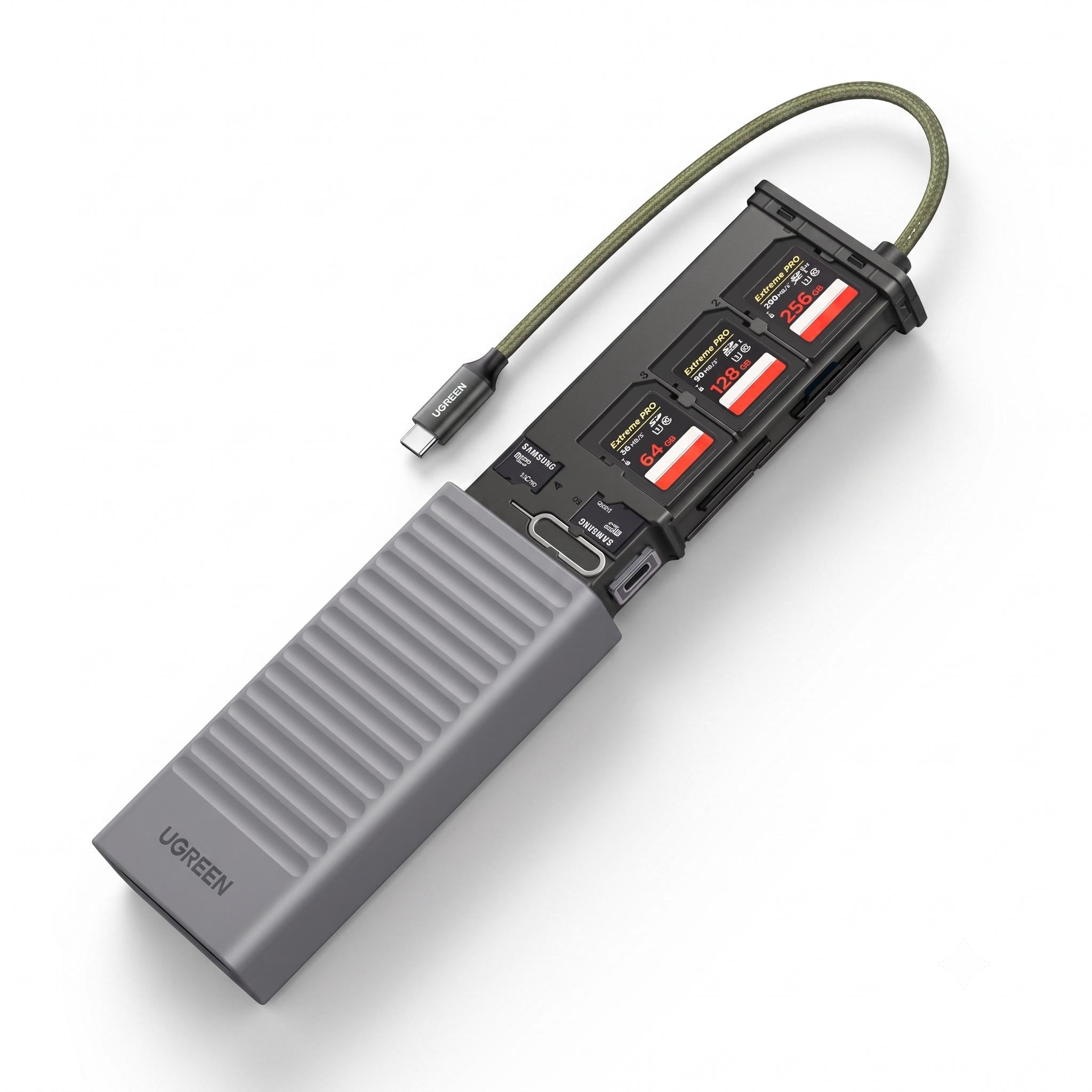 Картридер-кейс UGREEN CM856 поддержка до 4 ТБ 3 слота для карт 2 SD/1 microSD/USB-C/USB-A USB 3.0 Серый (55899)