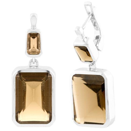 Серьги серебряные LoveR с натуральным раухтопазом коричневого цвета прямоугольной формы подвесные