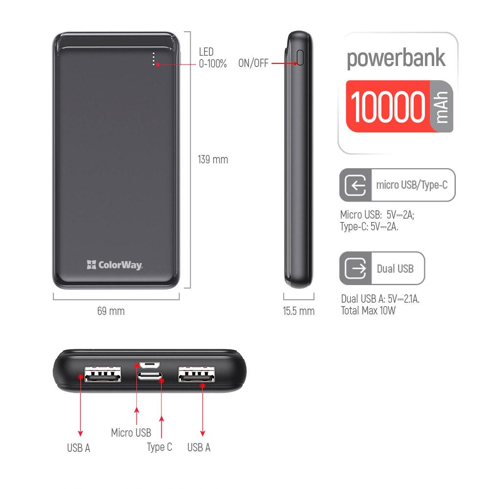 Повербанк ColorWay Slim 10000 mAh Black (CW-PB100LPF2BK) - фото 5