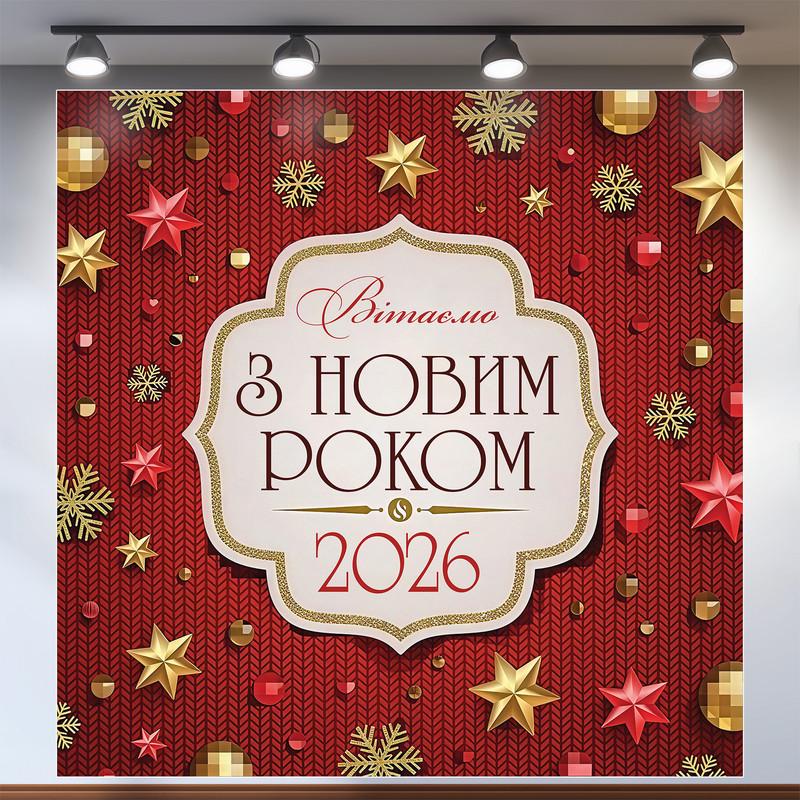 Баннер праздничный "Вітаємо з Новим роком 2026" на красном фоне с золотыми украшениями 160x160 см №46035