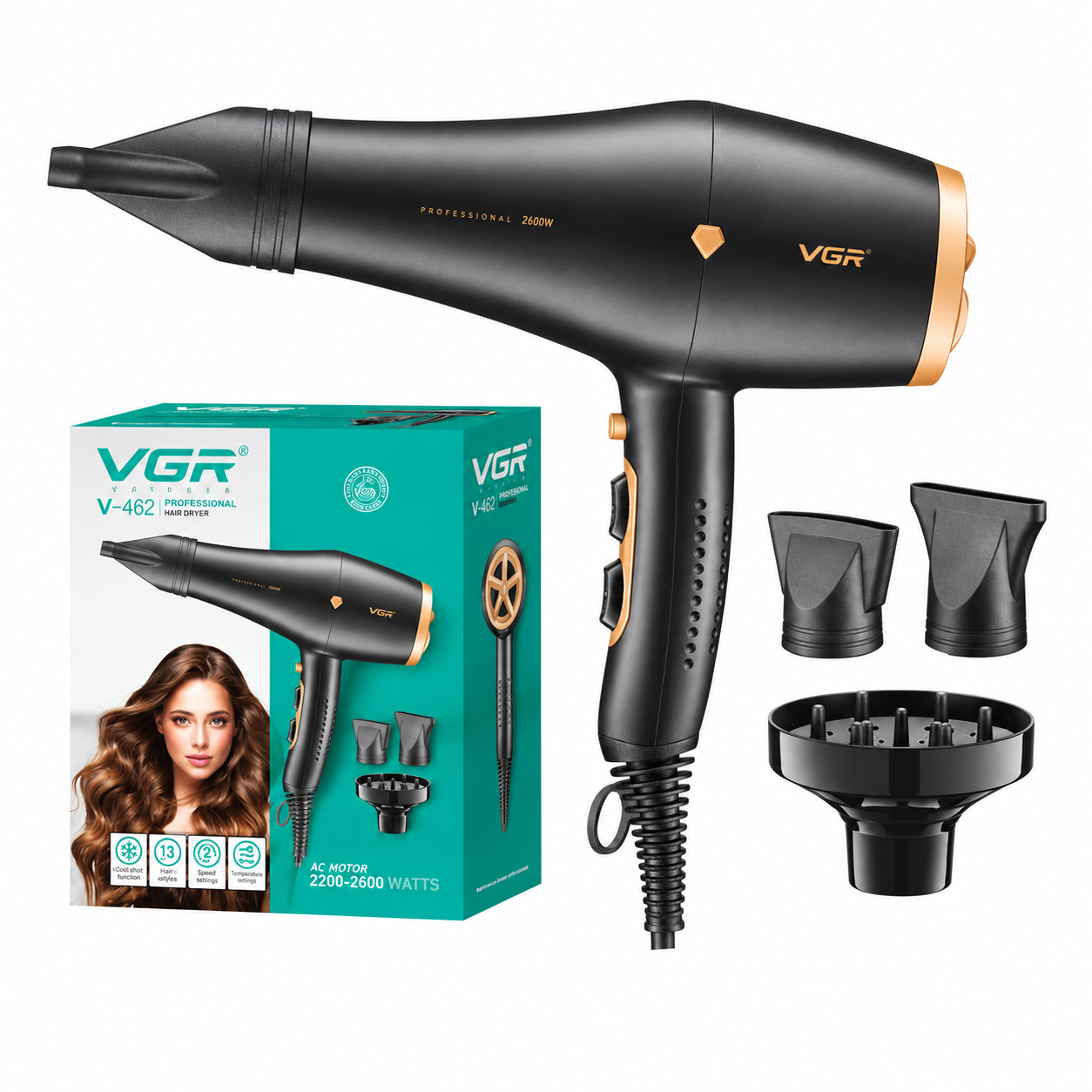 Фен VGR V-462 2600 Вт ионизация/диффузор Черно-золотистый (ML-06671) Фен VGR V-462 2600 Вт ионизация/диффузор Черно-золотистый (ML-06671)
