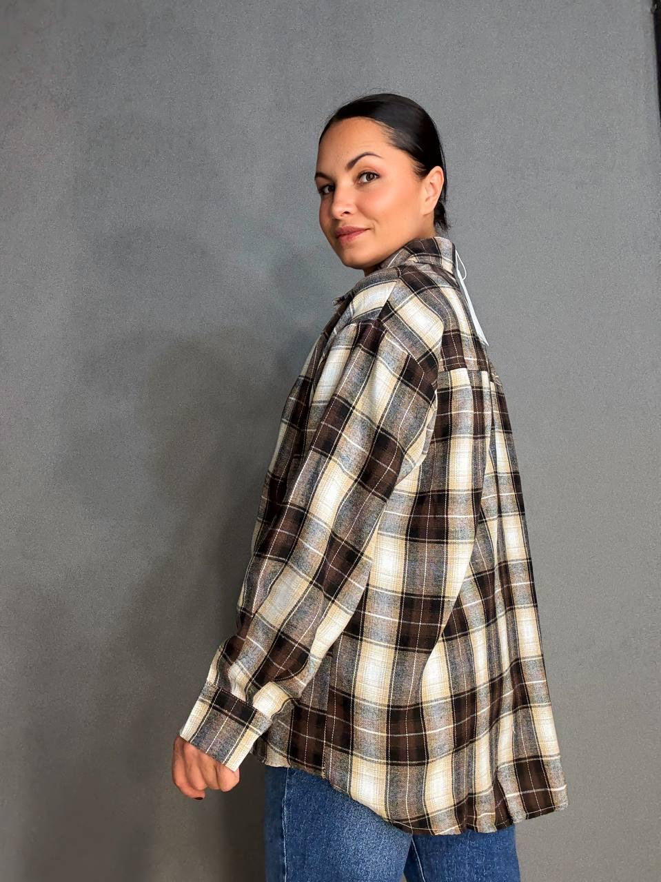Сорочка жіноча Baoyu 225-1 в клітинку оверсайз фланель OS Темно-коричневий (4760) - фото 3 Сорочка жіноча Baoyu 225-1 в клітинку оверсайз фланель OS Темно-коричневий (4760) - фото 3