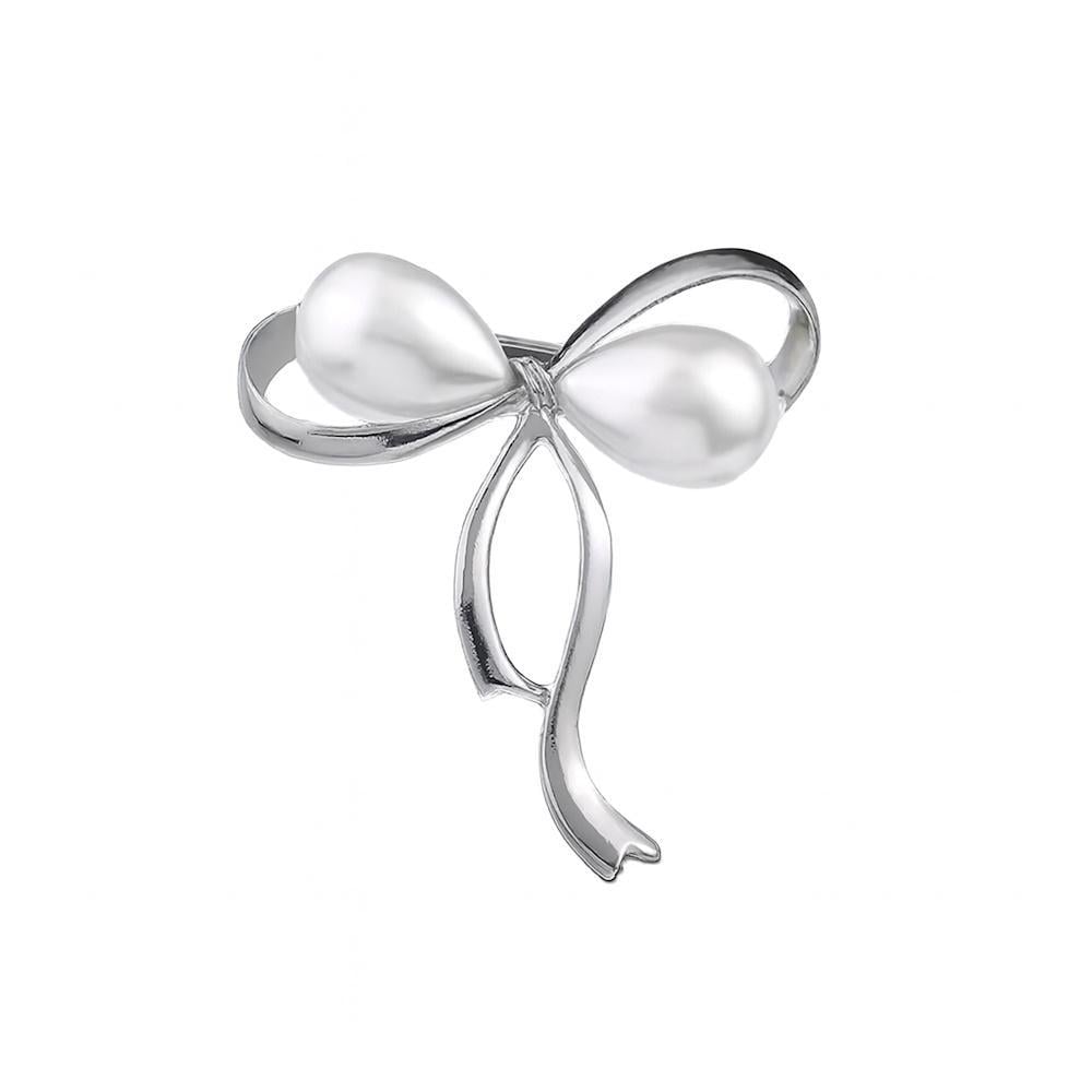 Брошь Бант с искусственным жемчугом Серебристый с белым (3000004282)