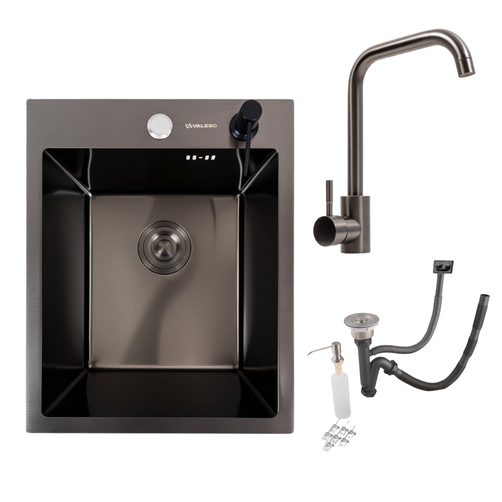 Кухонний комплект Valeso Handmade мийка 40x50 см змішувач FC-5 PVD Чорний (000050606) - фото 1