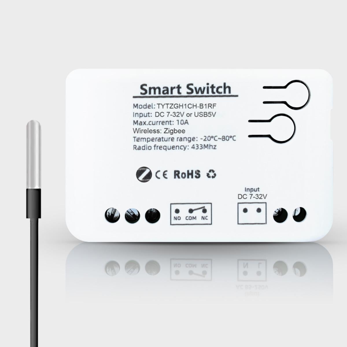 Реле одноканальное ZigBee с сухим контактом и влагозащищенным датчиком температуры Tuya (DC 7-32V)