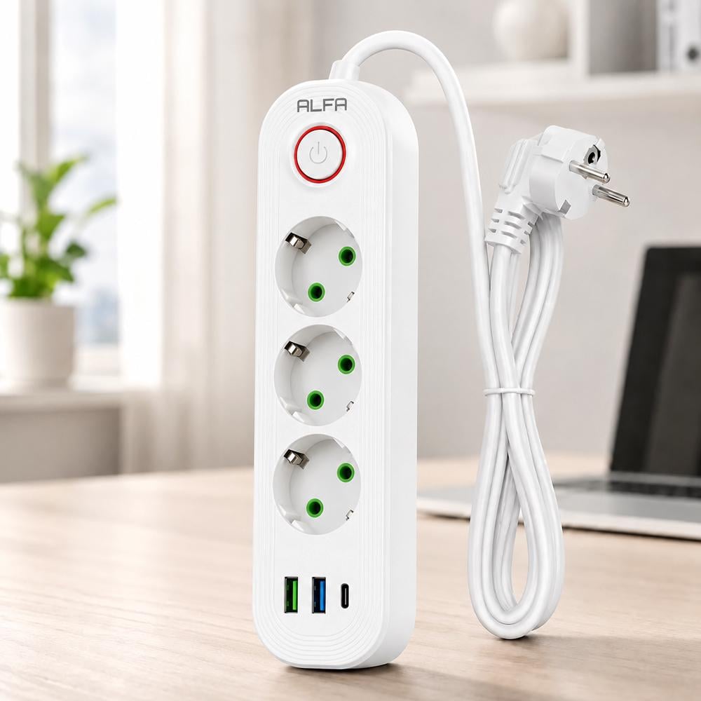 Сетевой фильтр на 3 розетки 5 м 2 USB+1 Type-C с кнопкой Белый