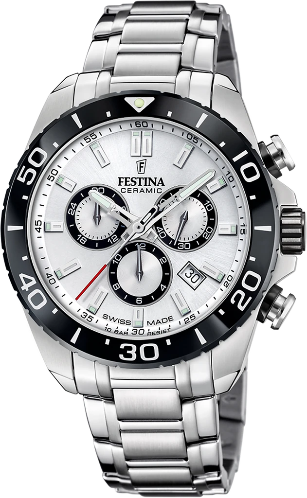 Наручные часы мужские Festina Chrono Swiss Made F20042/1 со стальным корпусом/водозащитой 100 м и серебристым циферблатом