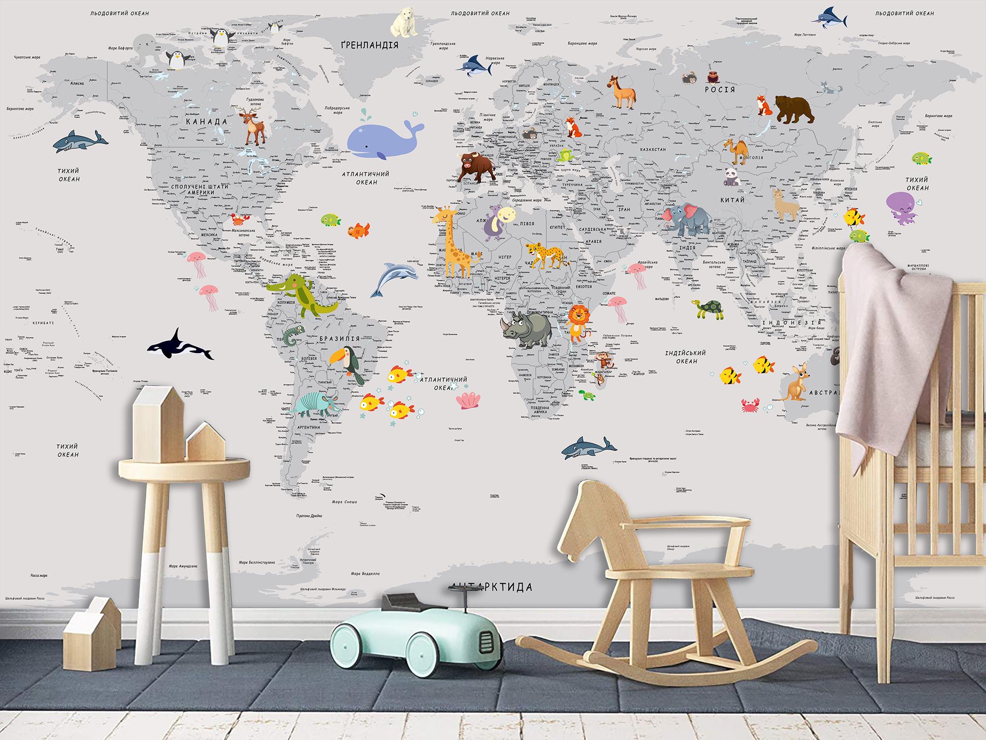 Фотошпалери флізелінові Upstream Дитяча мапа світу з смішними тваринами 180х120 см (WMK-017/2) - фото 2