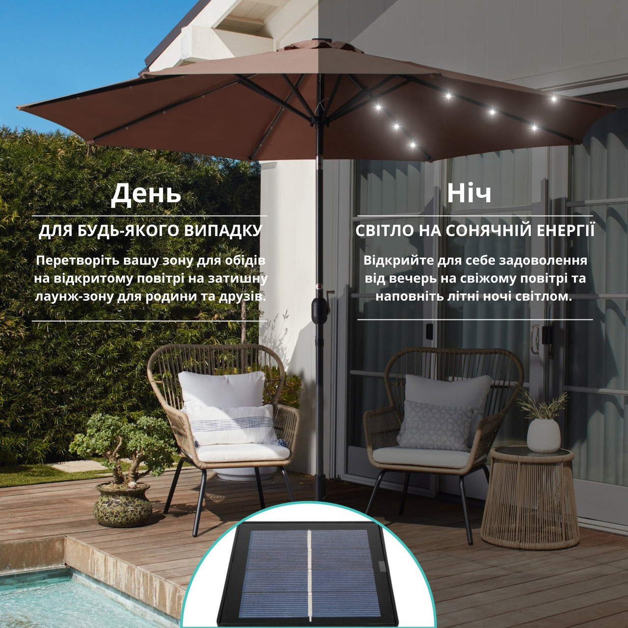 Садова парасолька кругла з регульованим кутом нахилу WCG з LED-підсвічуванням сонячною панеллю та чохлом 3 м Коричневий (W-7016BR1) - фото 8
