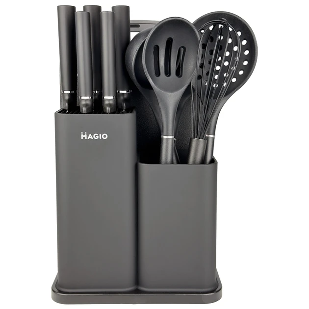 Набор кухонных приборов Magio MG-1097B ножи/доска/подставка 12 пр. Черный (2356937887)