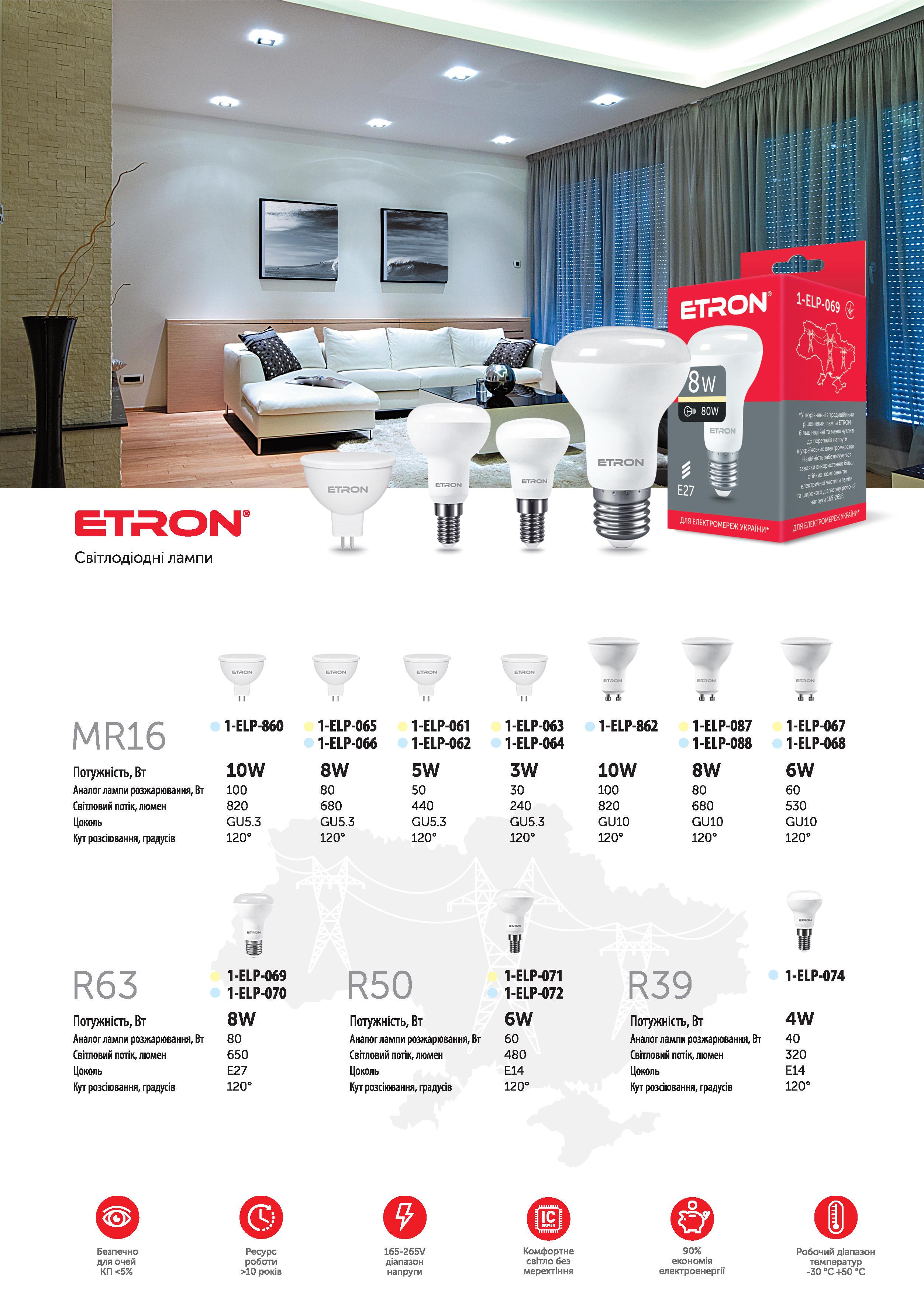 Світлодіодні лампи ETRON 8W R63 3000K 220V E27 4 шт. (15213533) - фото 3