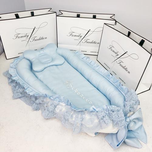 Матрац-кокон для мальчика Family Tradition Гнездышко сатин с вышивкой Белый/Голубой (50215)