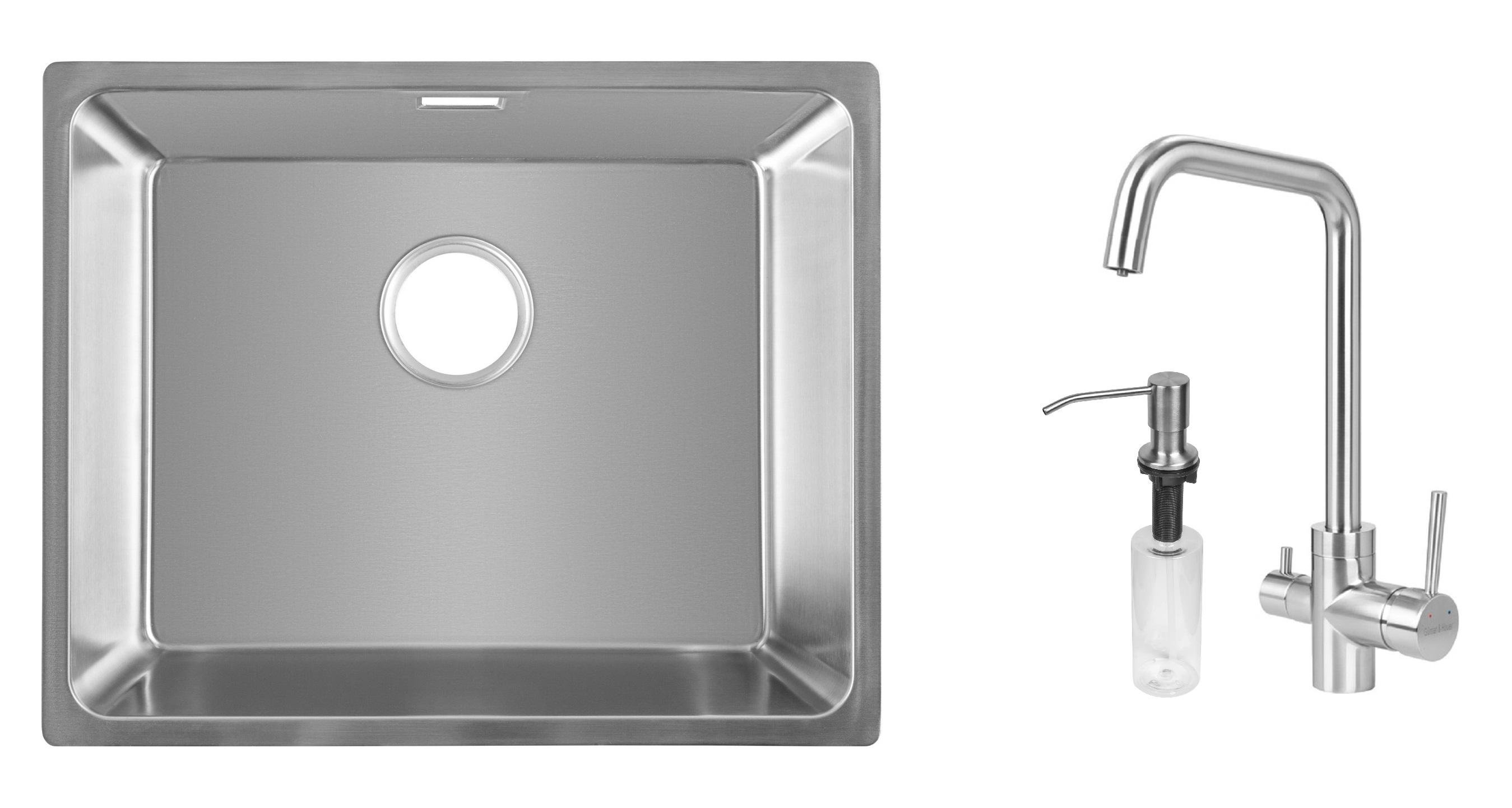 Комплект из кухонной мойки Gunter&Hauer Gera 5420 IX кухонного смесителя Gunter&Hauer HÜGEL Brush и дозатора Gunter&Hauer SOAP DISPENSER Inox