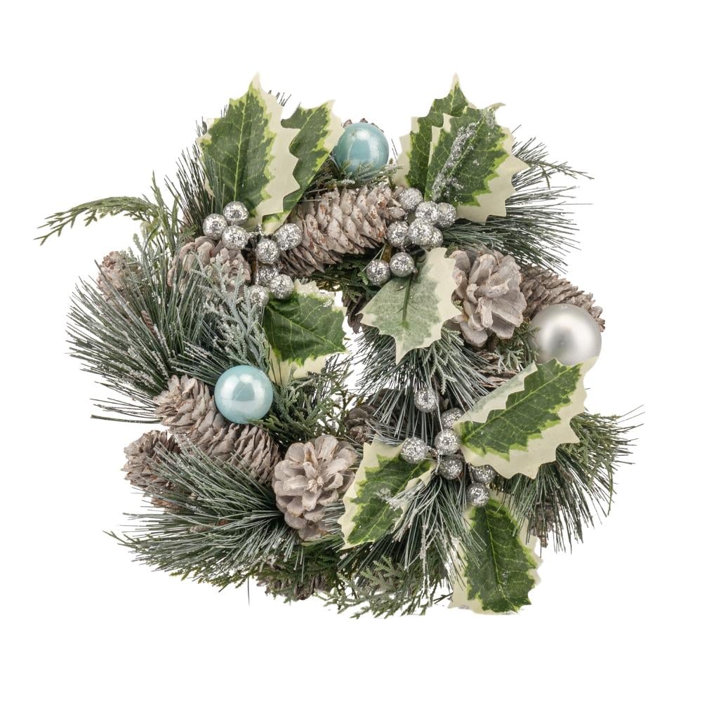 Новогодний венок для декора Сосновый с шишками и остролистом из пластика Зеленый (147-81-011NF)