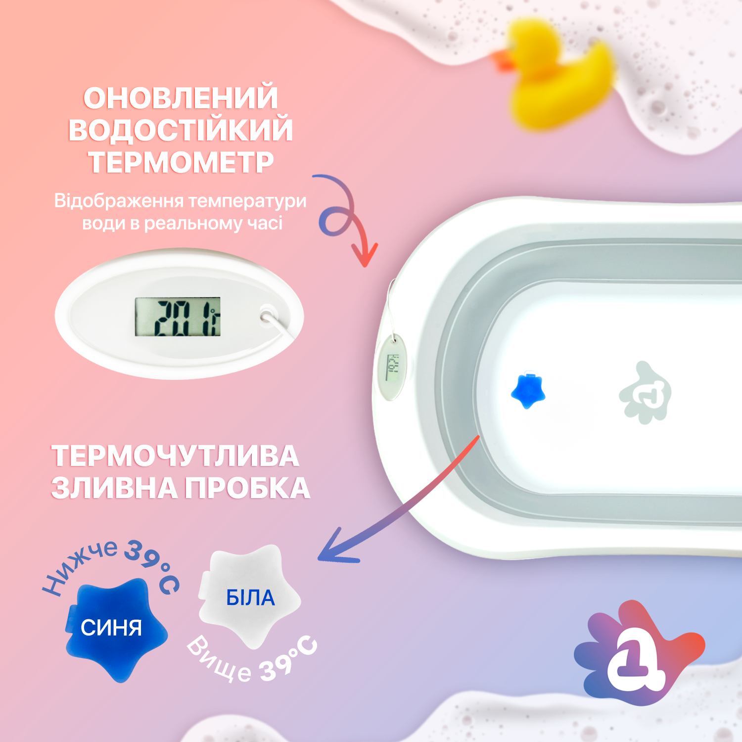 Ванночка детская для купания складная с термометром A1 Бело-серый (EB-211) - фото 3