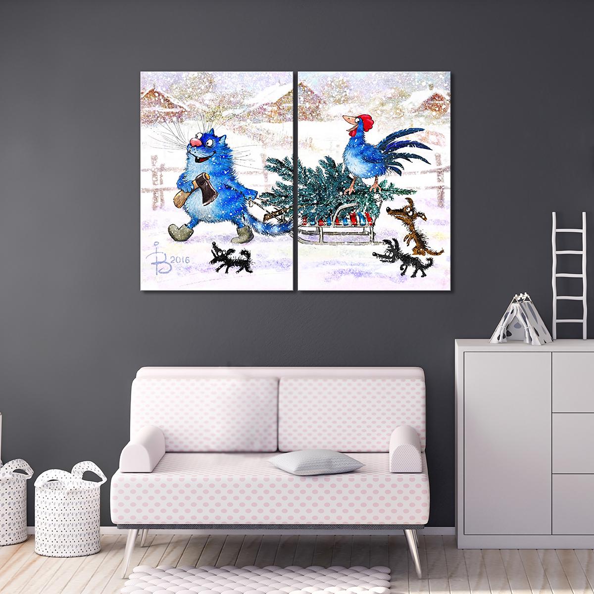 Модульная картина Кот и Петух готовятся к Новому году 2 модуля 50x75 см