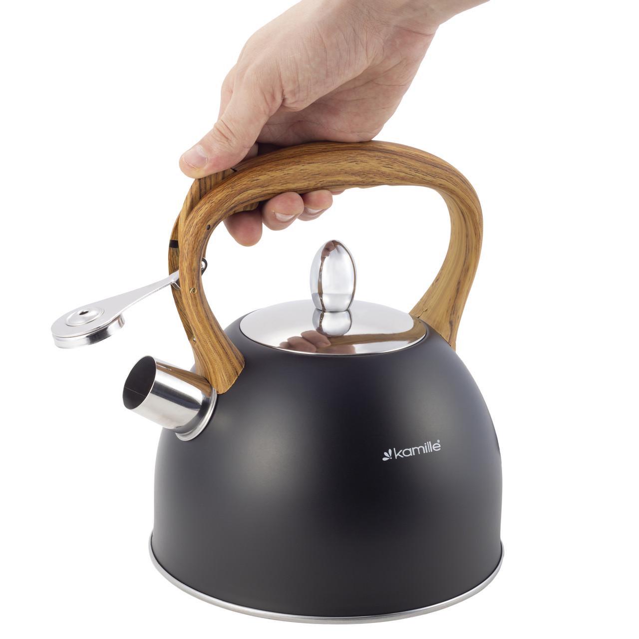 Чайник со свистком Kamille KM-1096 из нержавеющей стали и ручкой с покрытием soft-touch под дерево 2,5 л Черный (150-84-1096) - фото 4 Чайник со свистком Kamille KM-1096 из нержавеющей стали и ручкой с покрытием soft-touch под дерево 2,5 л Черный (150-84-1096) - фото 4