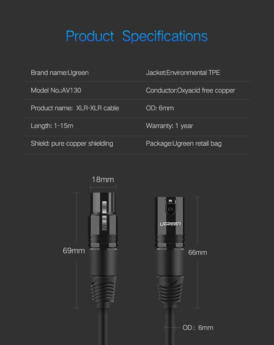 Кабель UGREEN XLR мама-XLR папа аудіо для мікшеру 5 м Чорний (20712) - фото 7