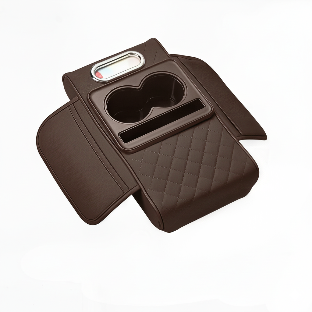 Автомобильный подлокотник с подстаканниками и салфетницей/экокожа 35х20х8 см Темно-коричневый (PDLKSR-DRK-BRN-1362)