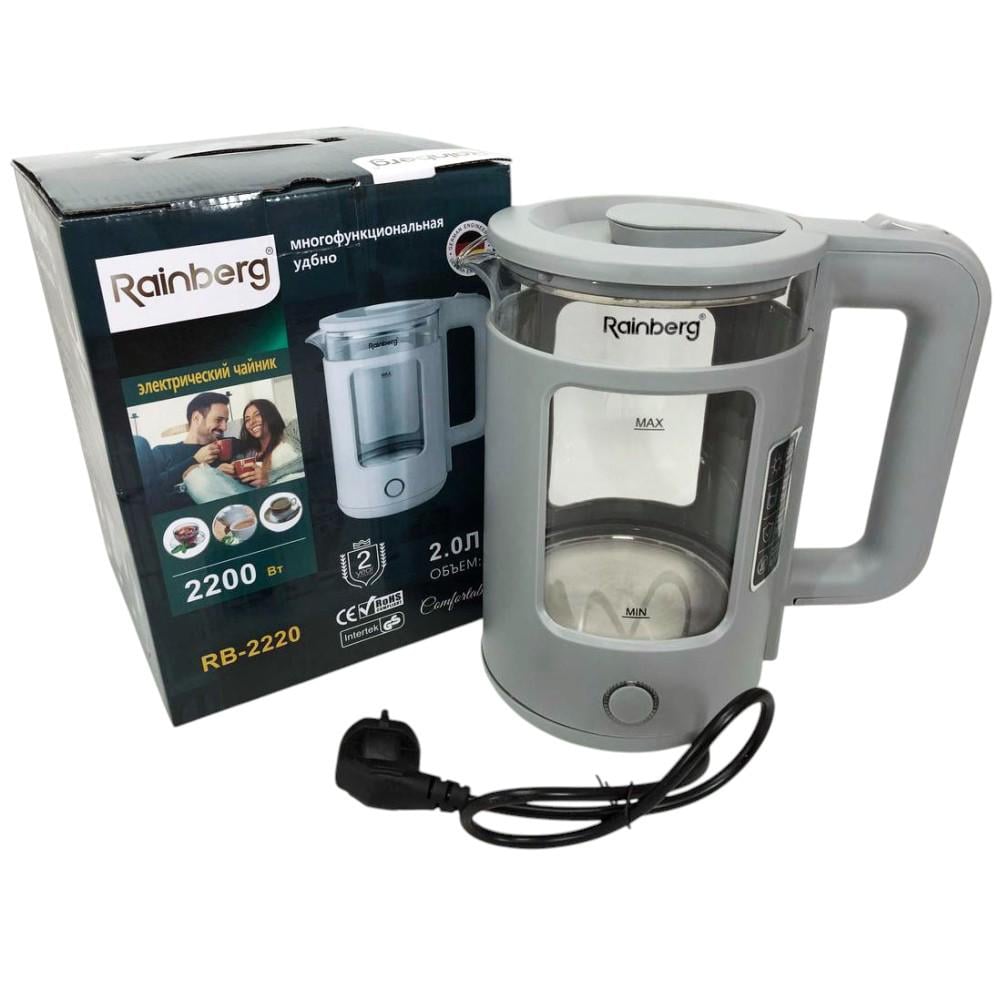 Електрочайник скляний Rainberg RB-2220 дисковий/LED підсвічування 2 л 2200 Вт Сірий (ML-05133)
