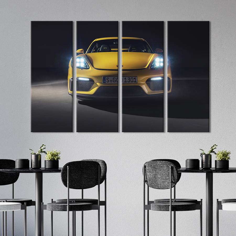 Картина на холсте Стильный жёлтый Porsche 718 Cayman GT4 209x133 см (1384-41)