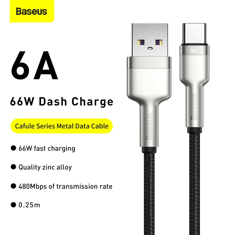 Кабель BASEUS Cafule Series Metal USB to Type-C 66 Вт 6А тканевая оплетка 0,25 м Чорний - фото 5