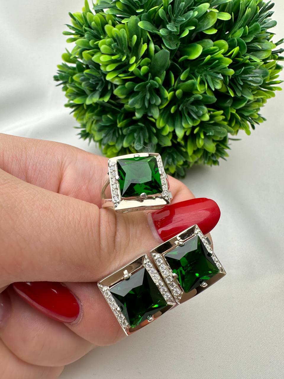 Комплект украшений серьги/кабачка Катрин зеленый циркон серебро с золотом (2554492025)