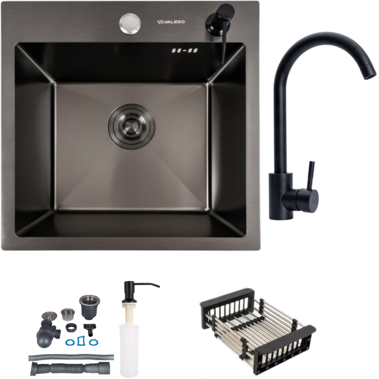 Комплект кухонной мойки Valeso Handmade PVD сифон круглый 3,0/0,8 45x45 см Черный (2472422078)