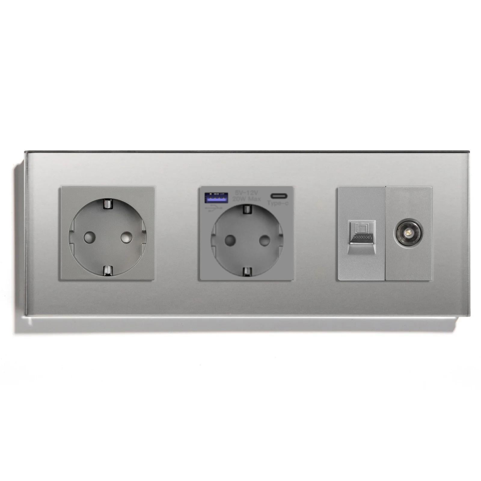 Розетка LUXION с USB 20Вт интернет RJ-45/ТВ выходом с заземлением/шторками 250В 16А стеклянная рамка Серый (LX-M3FGACCAT6PTY-GY)