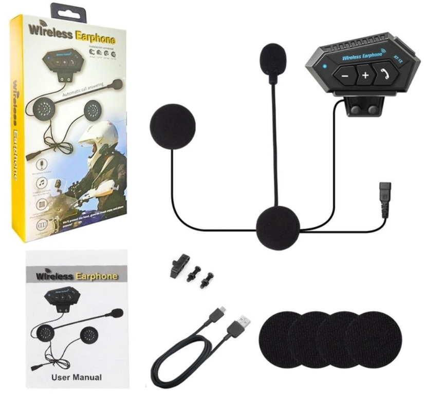 Інтерком BT-12 Bluetooth для мотоциклетного шолома з мікрофоном – бездротовий зв'язок Чорний (2863426546)