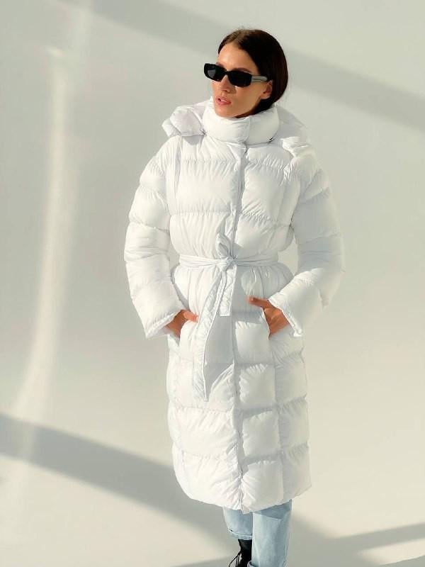 Пуховик женский ZF Inspire 2020 длинный с капюшоном и поясом S-M Белый (2020-Б-S-M)