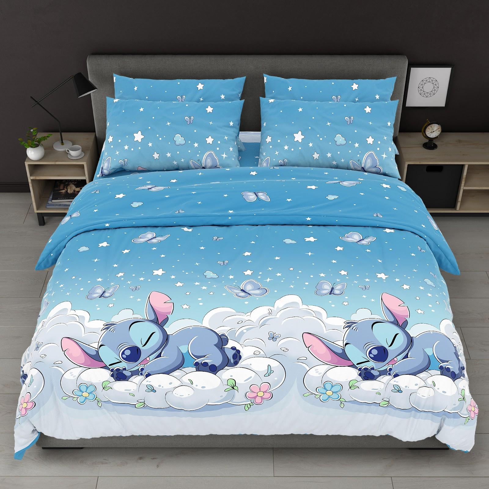 Комплект постельного белья Стич хлопковый полуторный 150х220/70х70 см Голубой (32156291)