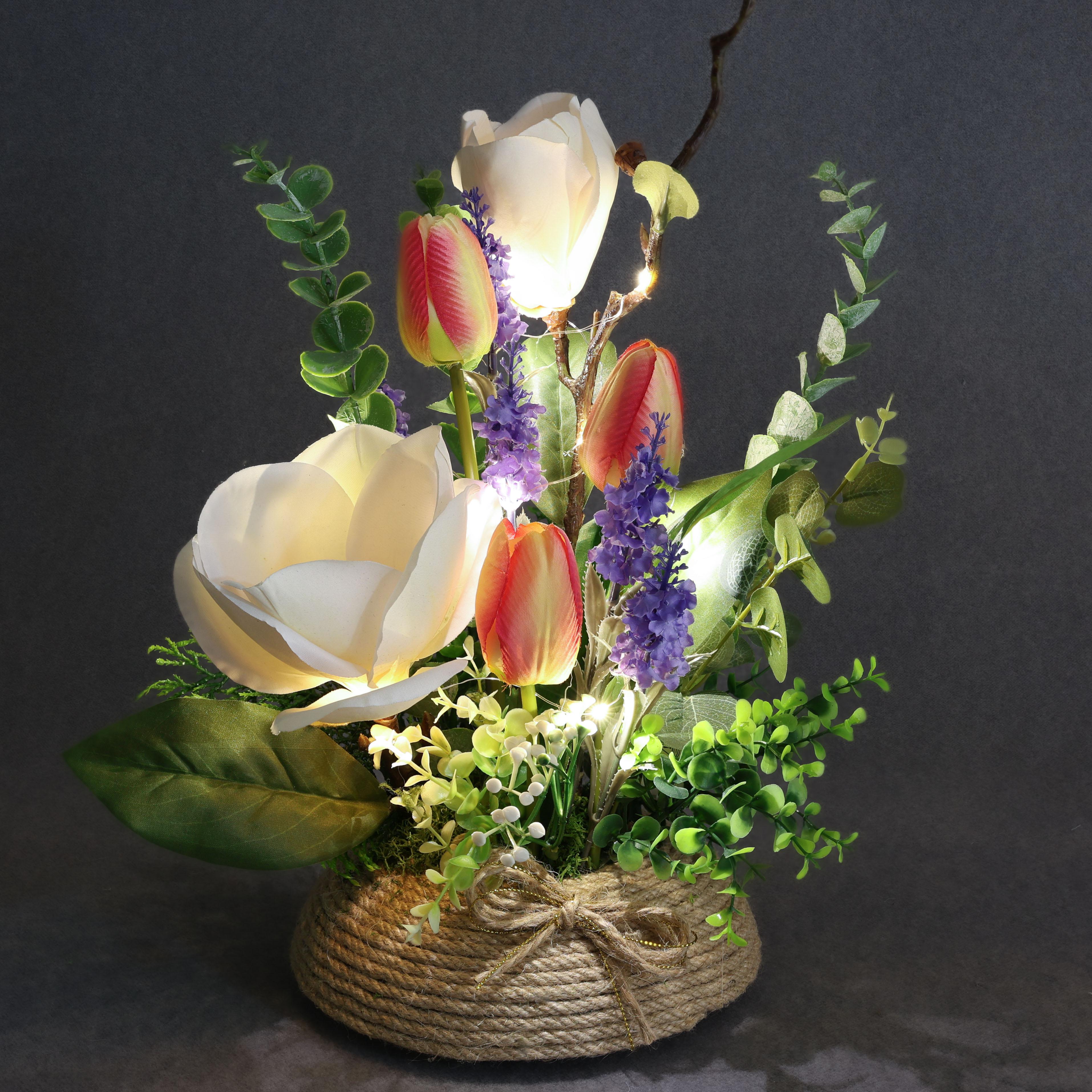 Светодиодная композиция GALA DECOR с магнолиями и тюльпанами в прозрачном тубусе 25х40 см