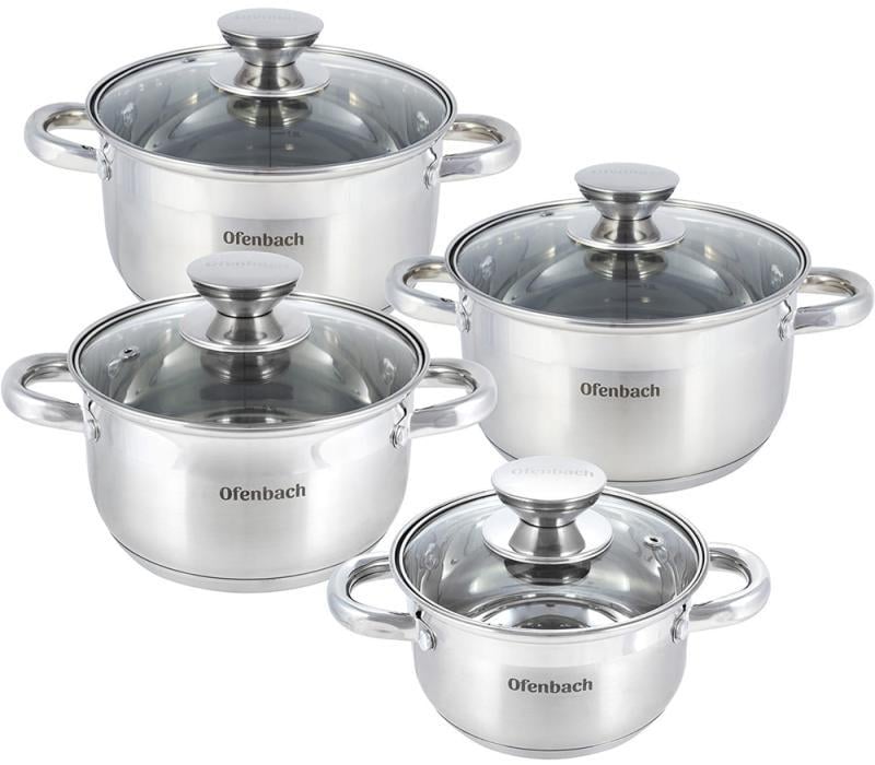 Набор кастрюль Ofenbach Casserole из нержавеющей стали со стеклянными крышками 1,1/1,7/2,4/3,4 л