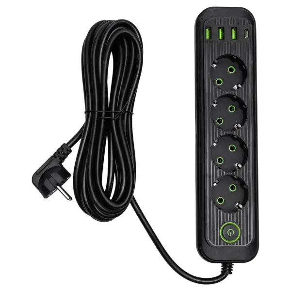 Фильтр-удлинитель сетевой 4 евро розетки и 4 USB выходами 3 USB-A и 1 Type-C 5 м с нагрузкой до 2500 Вт Черный (HP-5-40)