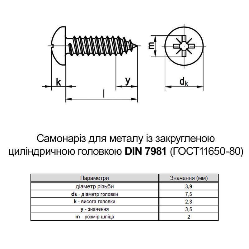 Саморез Metalvis DIN7981 3,9х13 PH2 полная резьба полукруглая головка цинк белый 1000 шт. (805200000805391320) - фото 2