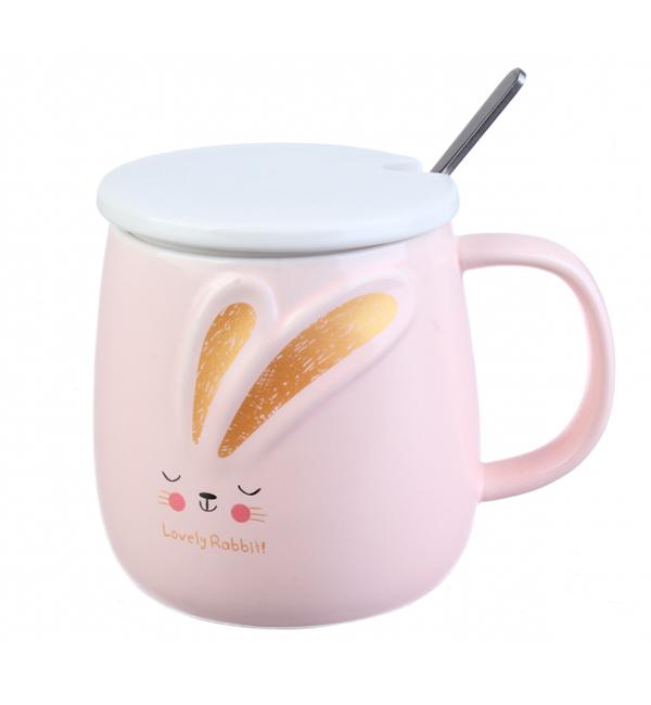 Чашка керамическая Зайка с ложечкой и крышечкой 400 мл (514061)