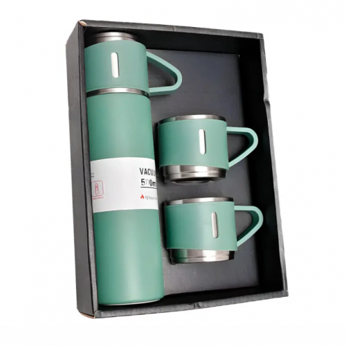 Подарочный набор Vacuum Flask SET с вакуумным термосом 500 мл и 3 чашками по 150 мл Зеленый матовый (РН00282)