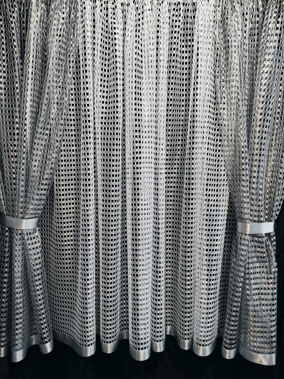 Комплект на широке вікно із шторками та атласною стрічкою 440х175 см Білий із сірим (шчс-01) - фото 3 Комплект на широке вікно із шторками та атласною стрічкою 440х175 см Білий із сірим (шчс-01) - фото 3