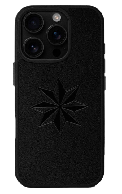 Чохол-накладка із чорної телячої шкіри з тисненням Роза вітрів для iPhone 16 Pro Max Kartel 38773-BL