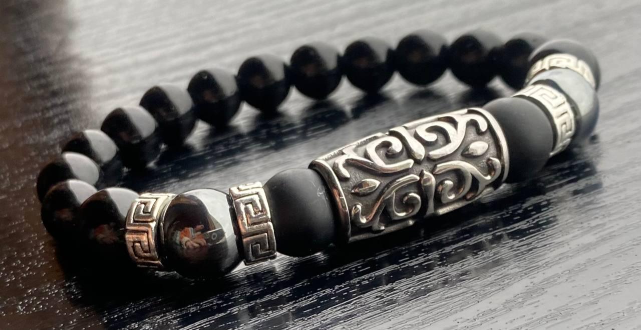 Браслет LITAURS натуральный камень агат/гематит с металлическими вставками L 18-21 см (241205-1) - фото 2