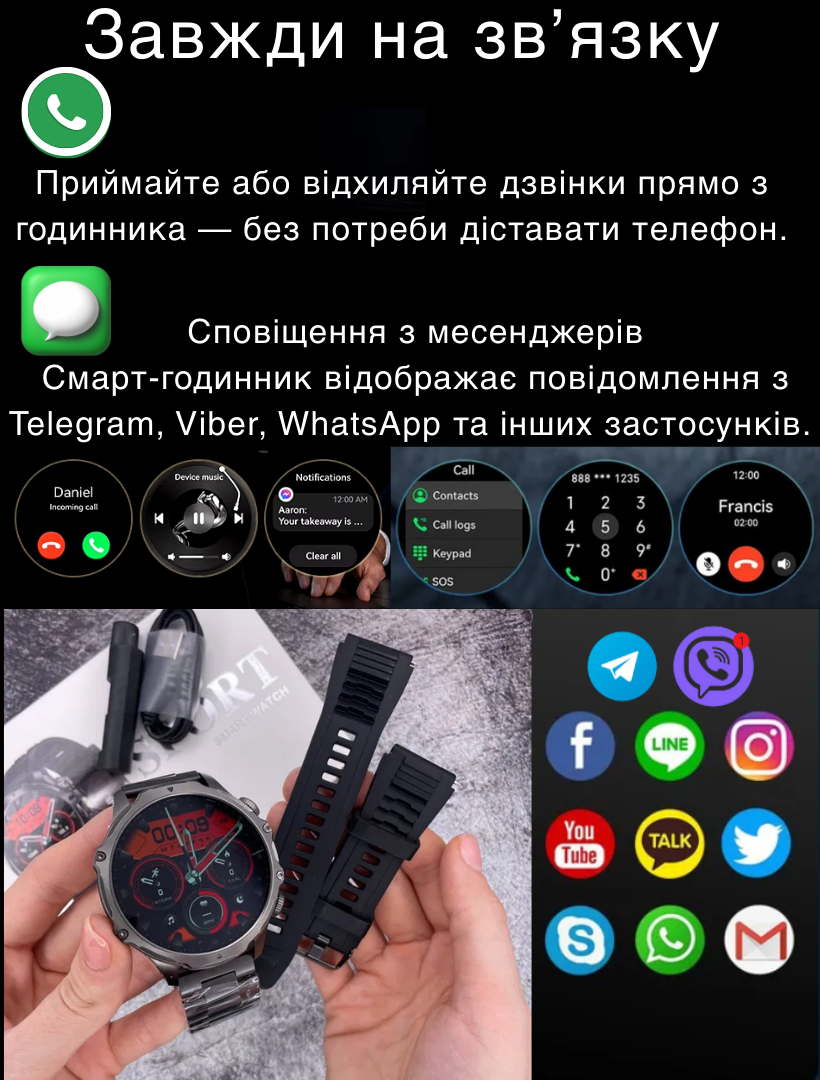 Смарт-годинник чоловічий військовий Modfit Tactic Blaze з компасом/функцією дзвінка та ремінцями 2 шт. залізний і силіконовий Чорний (1077-0322) - фото 2 Смарт-годинник чоловічий військовий Modfit Tactic Blaze з компасом/функцією дзвінка та ремінцями 2 шт. залізний і силіконовий Чорний (1077-0322) - фото 2