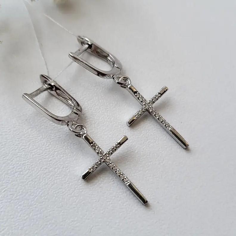 Серьги из серебра Крест в белых камнях с подвеской2,60 г